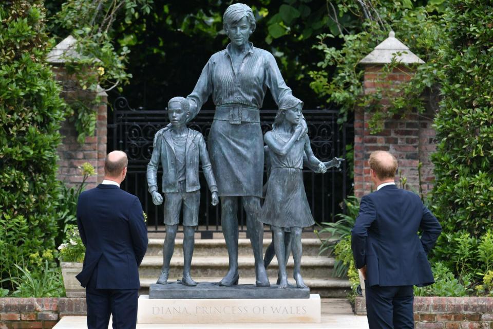 The Duke of Cambridge and Duke of Sussex arrive for the unveiling of a statue they commissioned of their mother Diana, Princess of Wales