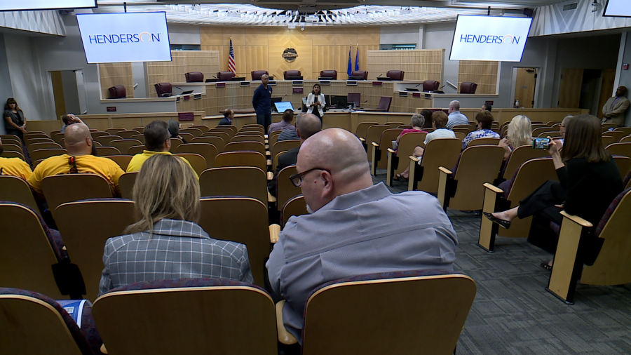<em>The Las Vegas Valley community gathers inside the Henderson City Council Chambers Wednesday morning to voice concerns about the pending Albertsons-Kroger merger with the Nevada State Attorney General and Federal Trade Commission Chair. (KLAS)</em>