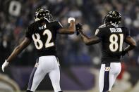 Torrey Smith #82 of the Baltimore Ravens celebrates with his teammate wide receiver Anquan Boldin #81 after his touchdown in the second quarter against the Pittsburgh Steelers at M&T Bank Stadium on December 2, 2012 in Baltimore, Maryland. (Photo by Patrick Smith/Getty Images)