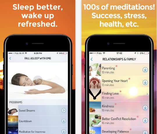 Meditations on the <a href="https://app.omgmeditate.com/#/" target="_blank">OMG! I Can Meditate</a> app are broken down by interest and life event. For example, there is a special series&nbsp;of meditations specific for people undergoing treatment for chemotherapy. Another series focuses on weight loss. Sign up for the year for $7.42 per month. The app works on the iPad,&nbsp;iPhone and Android.