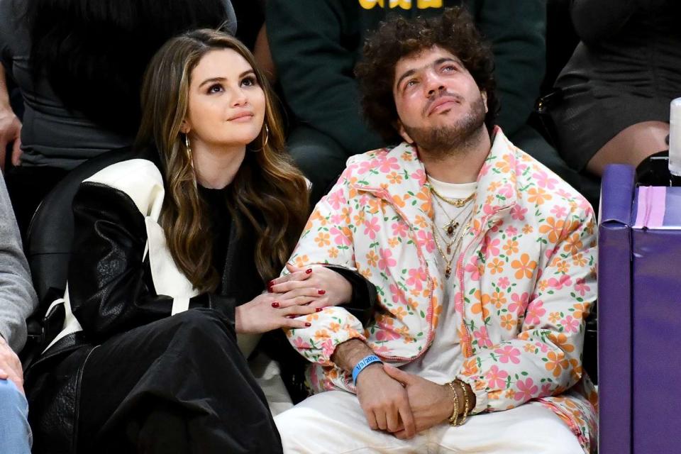 <p>Allen Berezovsky/Getty Images</p> Selena Gomez and Benny Blanco attend a basketball game between the Los Angeles Lakers and the Miami Heat on January 03, 2024 in Los Angeles, California.