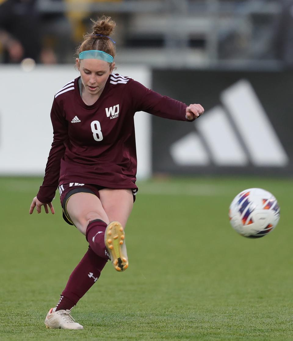 Walsh Jesuit's Reagan Pentz takes a shot during the second half of the OHSAA Division I girls state soccer championship game Friday in Columbus.