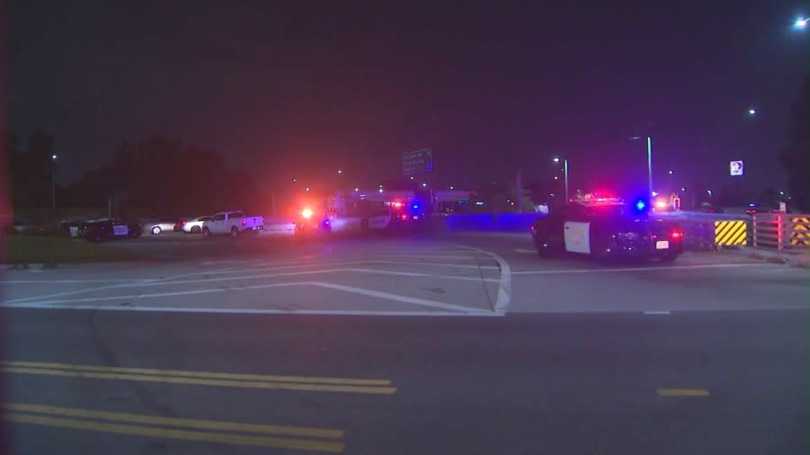 Officers investigate a shooting that took place during an argument aboard a Foothill Transit bus in Baldwin Park on June 17, 2024. (KTLA)