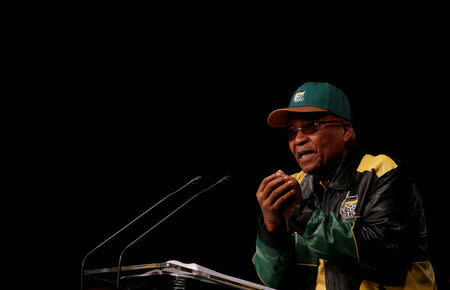 FILE PHOTO: South Africa's President Jacob Zuma gestures during the last day of the six-day meeting of the African National Congress 5th National Policy Conference at the Nasrec Expo Centre in Soweto, South Africa, July 5, 2017. REUTERS/Siphiwe Sibeko/File Photo