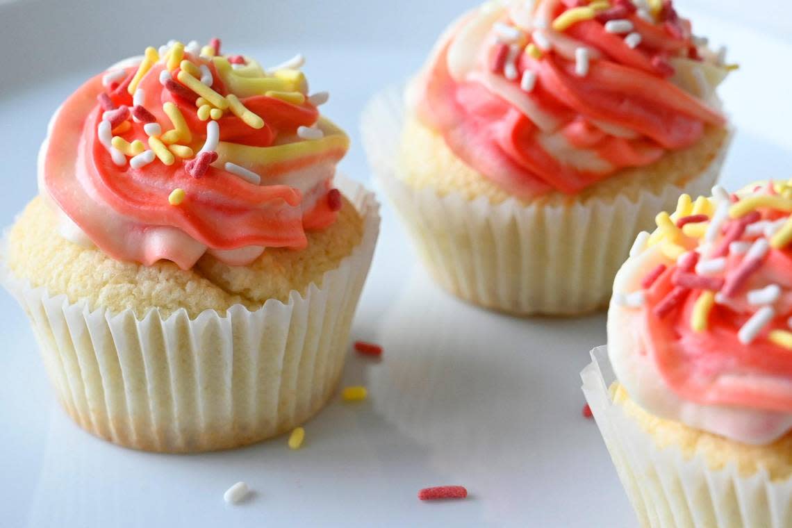 A vanilla cupcake with Chiefs-themed cream cheese frosting at Emily Kate’s, a gluten free bakery at 3008 S. 44th St., Kansas City, Kansas. “There’s some real science in this that I won’t be able to get into,” said kitchen trainer Michaela Sewalson.