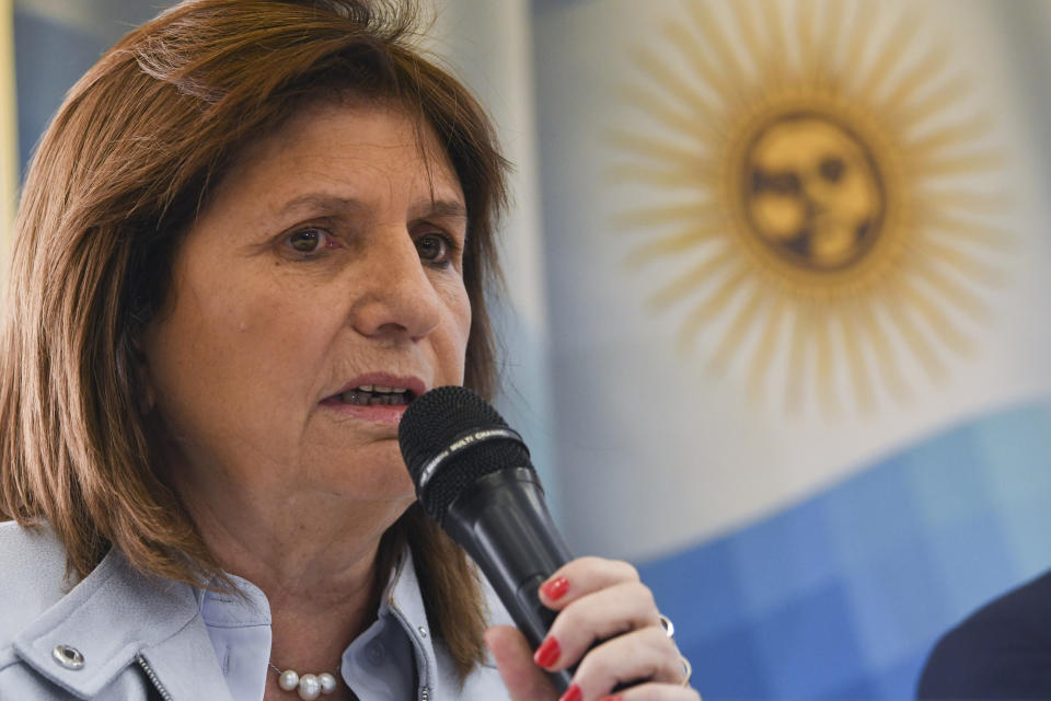 Former presidential candidate Patricia Bullrich, who placed third in the previous weekend's elections, gives a press conference in Buenos Aires, Argentina, Wednesday, Oct. 25, 2023. (AP Photo/Gustavo Garello)