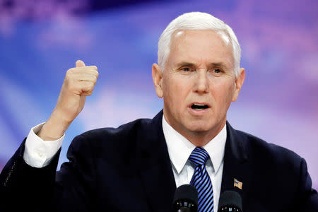 FILE PHOTO: U.S. Vice President Mike Pence speaks at the Conservative Political Action Conference (CPAC) annual meeting at National Harbor near Washington, U.S., March 1, 2019. REUTERS/Yuri Gripas/File Photo