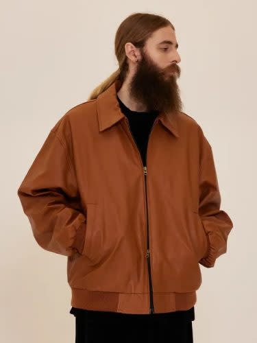 medium brown oversized vegan leather men's jacket