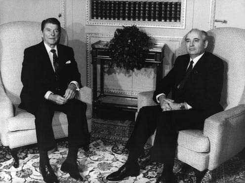 <span class="caption">Ronald Reagan and Mikhail Gorbachev in 1985: modern-day counterparts Joe Biden and Vladimir Putin could learn a lot about trust-building from their experience . </span> <span class="attribution"><a class="link " href="https://webgate.epa.eu/id/02610596" rel="nofollow noopener" target="_blank" data-ylk="slk:Keystone file/EPA-EFE;elm:context_link;itc:0;sec:content-canvas">Keystone file/EPA-EFE</a></span>