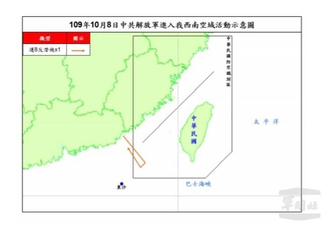 中共解放軍8日進入我西南空域活動示意圖。（空軍司令部提供）