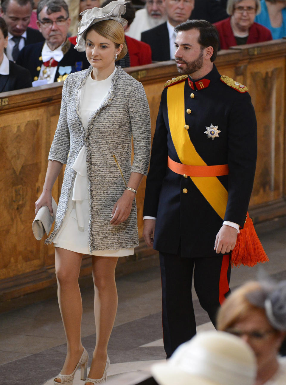 FILE - In this May 22, 2012 file photo, Prince Guillaume of Luxembourg, right, and Countess Stephanie de Lannoy, of Belgium, arrive for the christening ceremony of Princess Estelle of Sweden in the Royal Chapel in Stockholm, Sweden. This week, Guillaume, the heir to the throne _ the grand duke-to-be _ will marry Belgian Countess Stephanie de Lannoy during a two-day affair, including fireworks, concerts, a gala dinner at the grand ducal palace. There will be two marriages between the betrothed _ a civil wedding Friday afternoon, Oct. 19, 2012, and a religious ceremony Saturday morning, Oct. 20. (AP Photo/Scanpix/Claudio Bresciani/Pool, File)