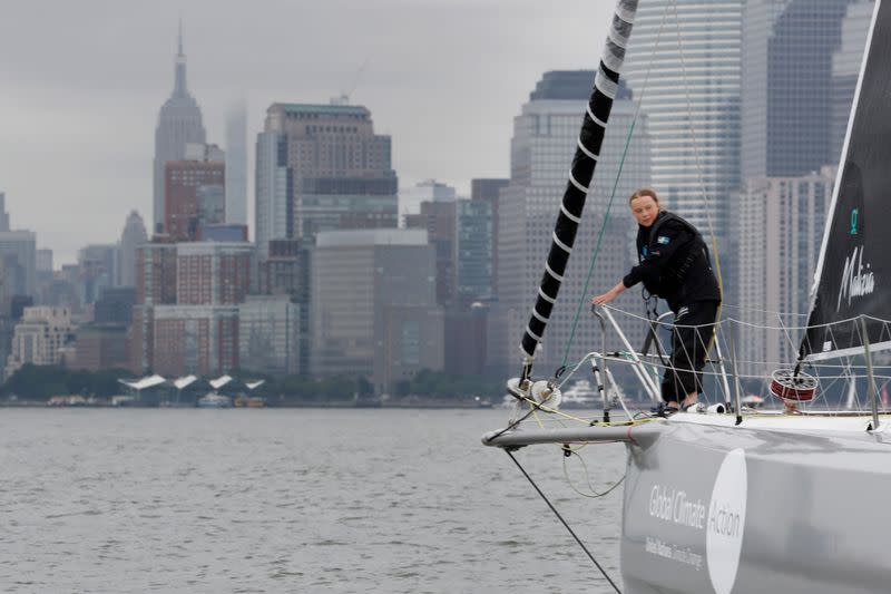 Swedish 16-year-old activist Greta Thunberg sails on the Malizia II racing yacht in New York Harbor