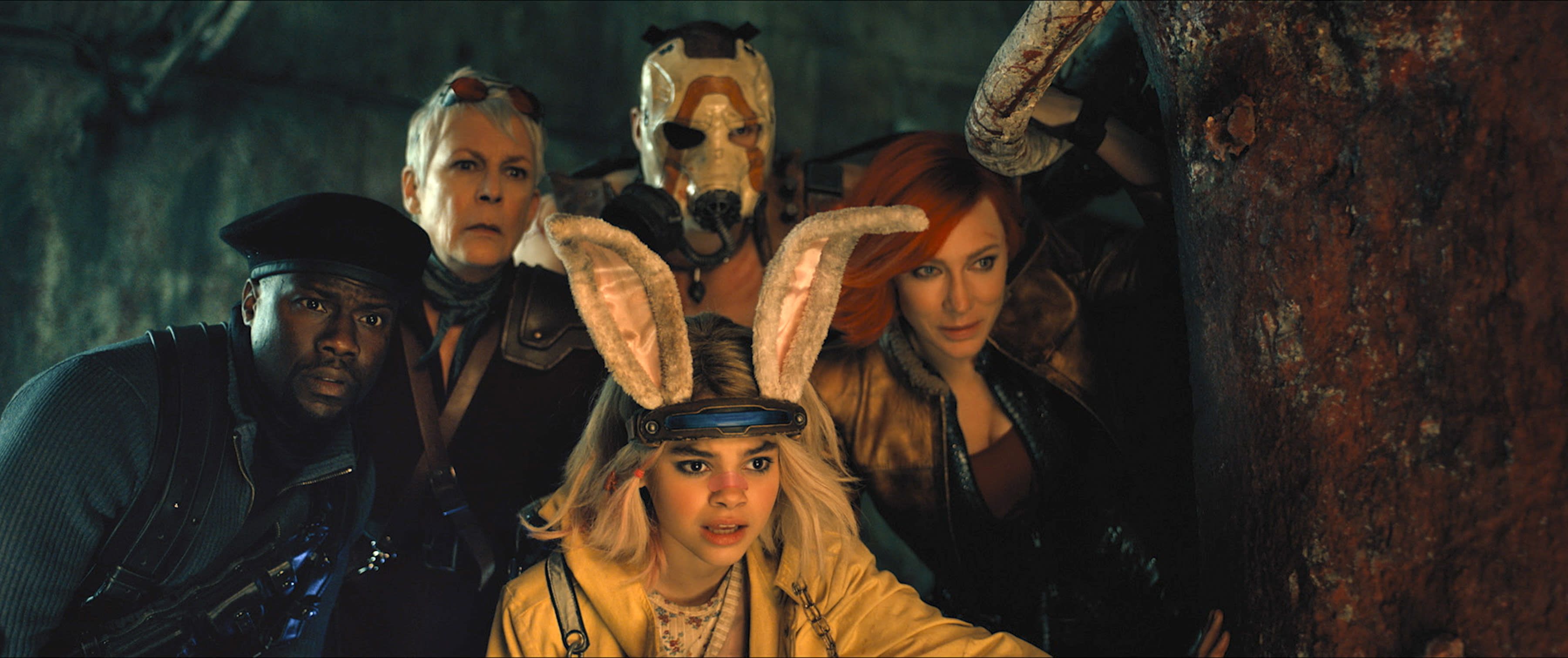 Kevin Hart como Roland, Jamie Lee Curtis como Tannis, Ariana Greenblatt como Tiny Tina, Florian Munteanu como Krieg e Cate Blanchett como Lilith em Borderlands. Crédito da foto: Cortesia da Lionsgate