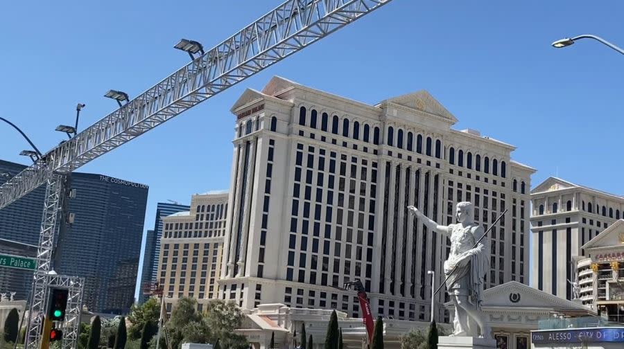 Lights for the F1 race in front of Caesars Palace on Wednesday, Sept. 20, 2023. (Ryan Matthey / 8NewsNow)