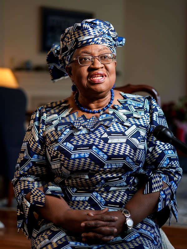 World Trade Organization (WTO) President Ngozi Okonjo-Iweala speaks during an interview in Potomac, Maryland.