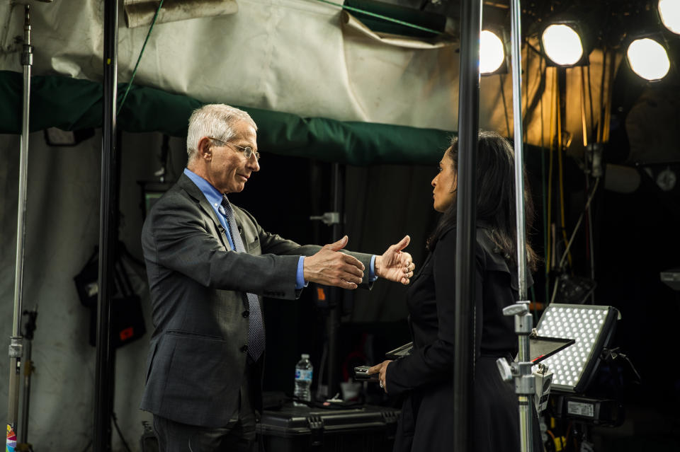 Director of the National Institute of Allergy and Infectious Diseases at the National Institutes of Health Dr. Anthony Fauci is interviewed by television journalist Kristen Welker of NBC News on the North Lawn at the White House, Thursday, March 12, 2020, in Washington. (AP Photo/Manuel Balce Ceneta)