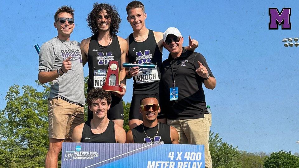 The Mount Union 1,600-meter relay team of Matt McBride, Jared Storm, Tyler Gill and Justin Knoch broke a meet record Saturday at the NCAA Division III Outdoor Track and Field Championships.