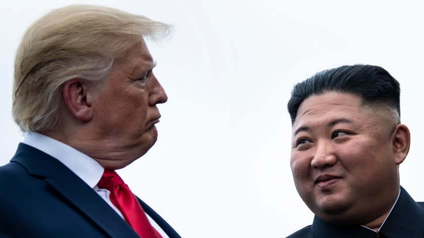 US President Donald Trump and North Korea's leader Kim Jong-un talk before a meeting in the Demilitarized Zone(DMZ) on June 30, 2019, in Panmunjom, Korea. (Photo by Brendan Smialowski / AFP)BRENDAN SMIALOWSKI/AFP/Getty Images ** OUTS - ELSENT, FPG, CM - OUTS * NM, PH, VA if sourced by CT, LA or MoD **