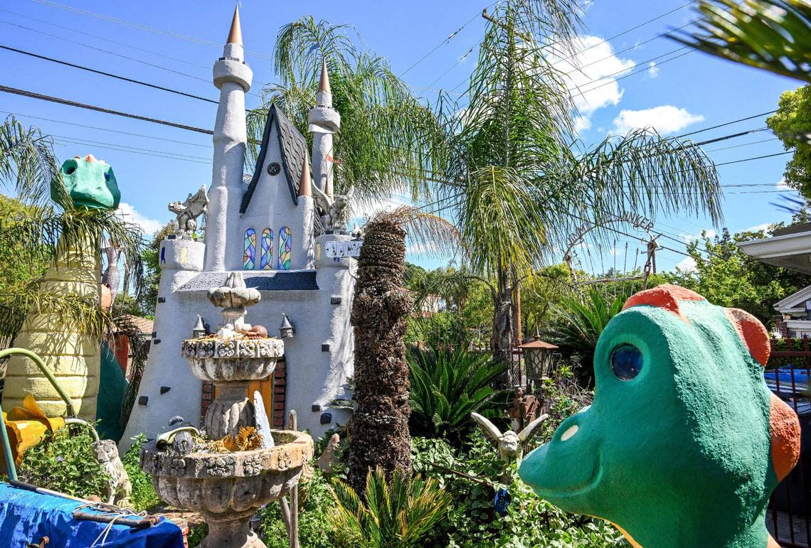 Dragon sculptures and a castle from an old miniature golf course surround the backyard at Jim Williams’ home in the Fresno High area. He either built, collected or acquired many of the items he shows off over many decades. CRAIG KOHLRUSS/ckohlruss@fresnobee.com