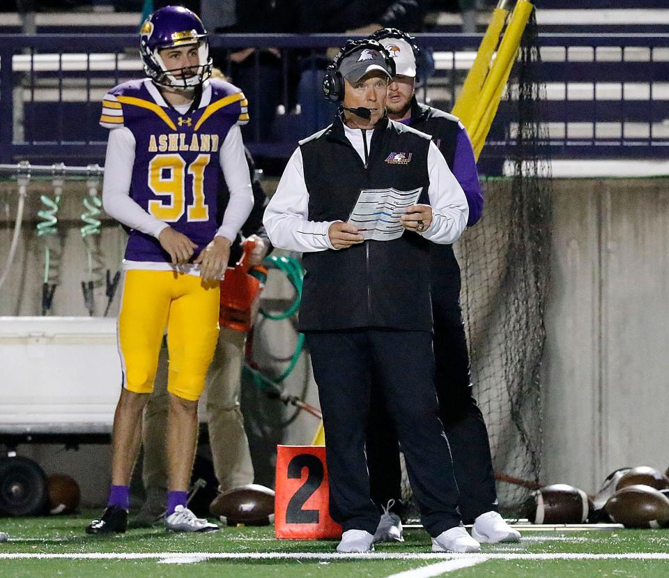 Ashland University's head coach Lee Owens on the sideline against Northwood University during college football action at Jack Miller Stadium Saturday, Oct. 1, 2022. TOM E. PUSKAR/ASHLAND TIMES-GAZETTE