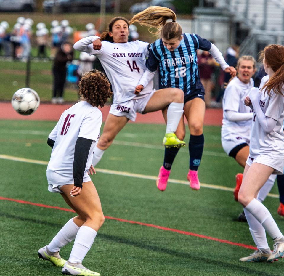 Franklin High School junior Kelly O’Connor in the first half of the MIAA Div. 1 Round of 32 playoff game against Westford Academy senior captain Sarah Kirby, Nov. 6, 2023.