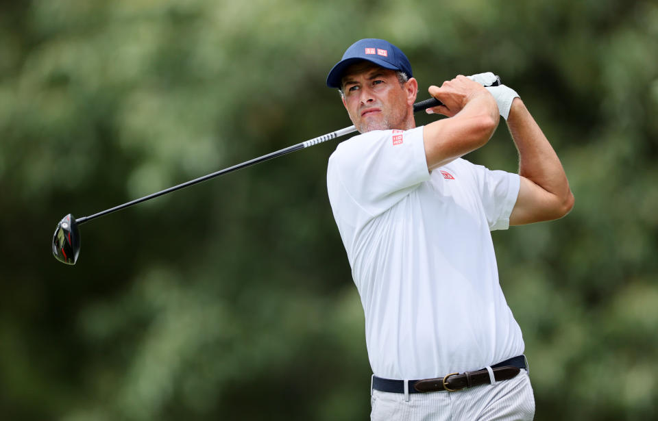 Seen here, Adam Scott plays his shot from the seventh tee during the final round of the FedEx St. Jude Championship.