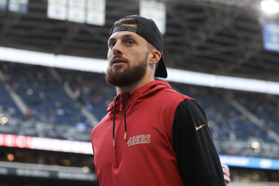 SEATTLE, WASHINGTON - OCTOBER 10: Ricky Pearsall #14 of the San Francisco 49ers looks on prior to a game against the Seattle Seahawks at Lumen Field on October 10, 2024 in Seattle, Washington. (Photo by Steph Chambers/Getty Images)