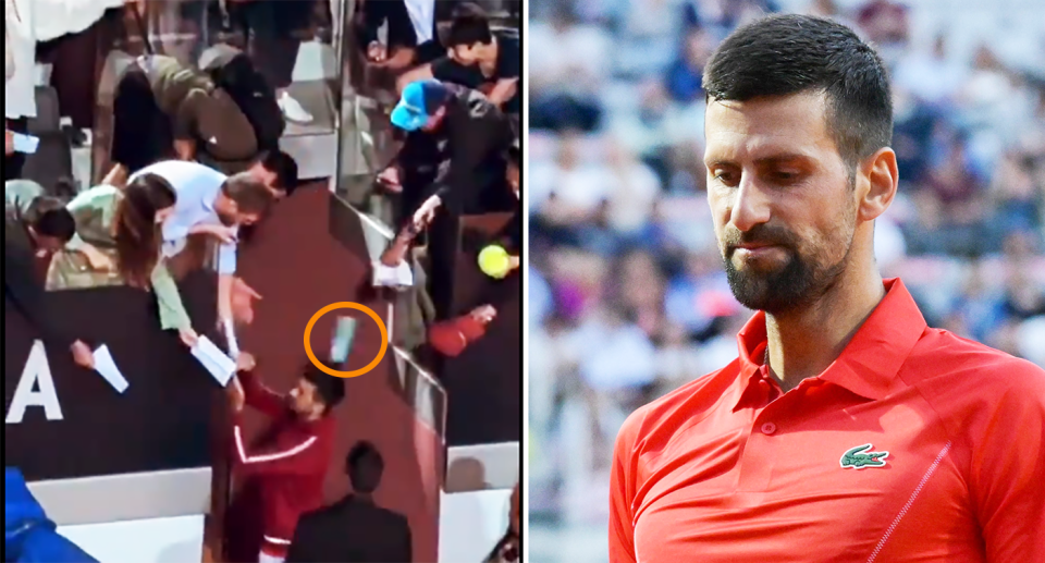 Novak Djokovic required medical attention after being hit in the head by a water bottle.  Image: X/Getty