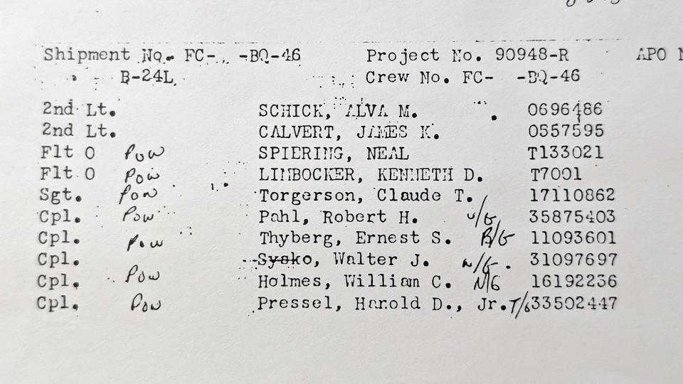 A flight crew list that were flying on Harold PresselÕs bomber when it went down. Seven of the men were listed as POWs.