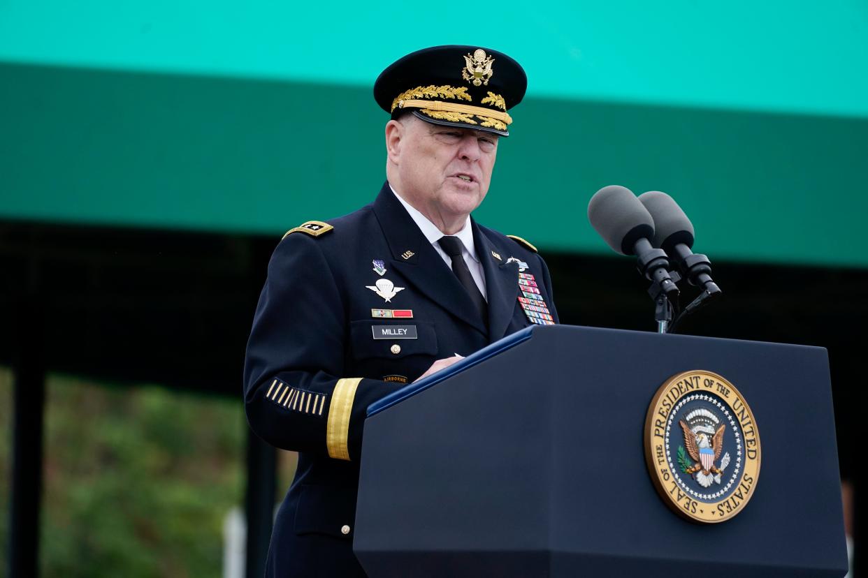Retiring Chairman of the Joint Chiefs of Staff Gen. Mark Milley speaks during the Armed Forces Farewell Tribute (Copyright The Associated Press. All rights reserved.)