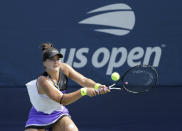 FILE - In this Aug, 27, 2019, file photo, Bianca Andreescu, of Canada, returns a shot to Katie Volynets, of the United States, during the first round of the US Open tennis tournament in New York. Reigning U.S. Open champion Bianca Andreescu pulled out of the Grand Slam tournament Thursday, Aug. 13, 2020, saying the coronavirus pandemic prevented her from properly preparing for competition. (AP Photo/Frank Franklin II, File)