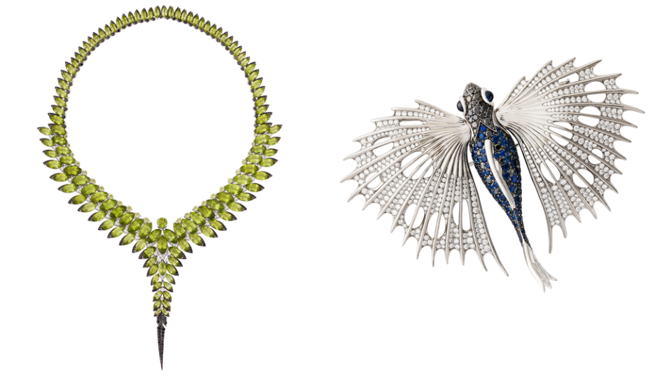 Stephen Webster Peridot Necklace and Diamond and Sapphire Fish Brooch