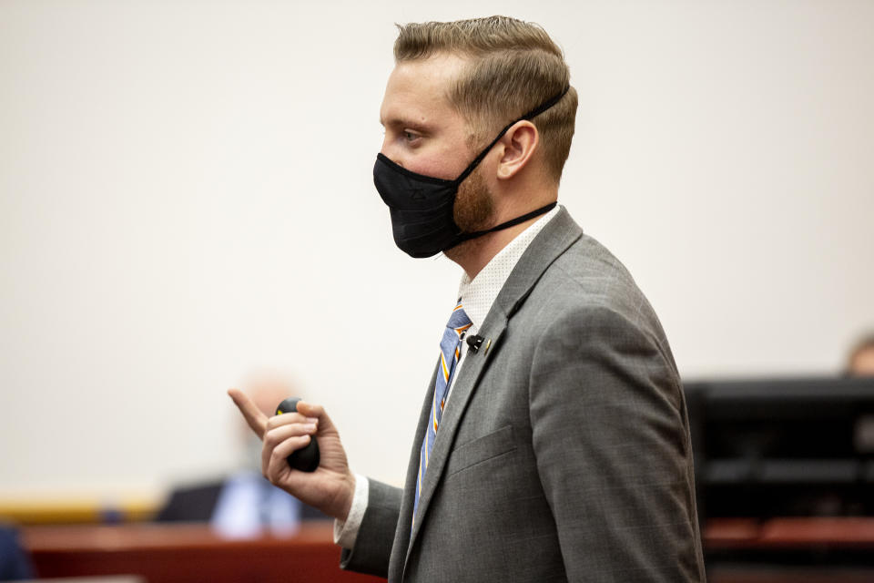 Assistant Polk County Attorney Bradley Kinkade gives a closing statement on the final day of Des Moines Register reporter Andrea Sahouri's trial, at the Drake University Legal Clinic, Wednesday, March 10, 2021, in Des Moines, Iowa, after being arrested while covering a protest last summer. After deliberating for less than two hours, the jury found Sahouri not-guilty on misdemeanor charges of failure to disperse and interference with official acts. (Kelsey Kremer/The Des Moines Register via AP, Pool)