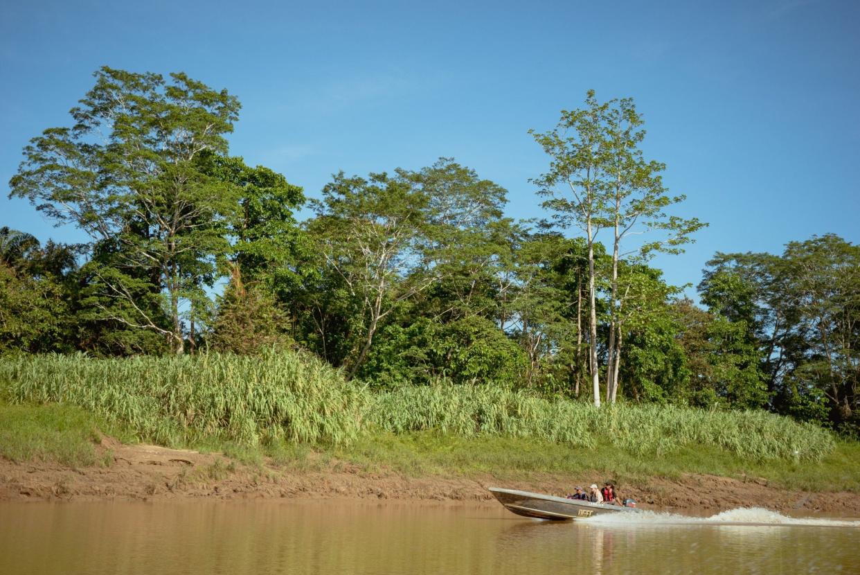 Associate Professor Kimberly Fornace and members of her research team travel by boat along the Kinabatangan river