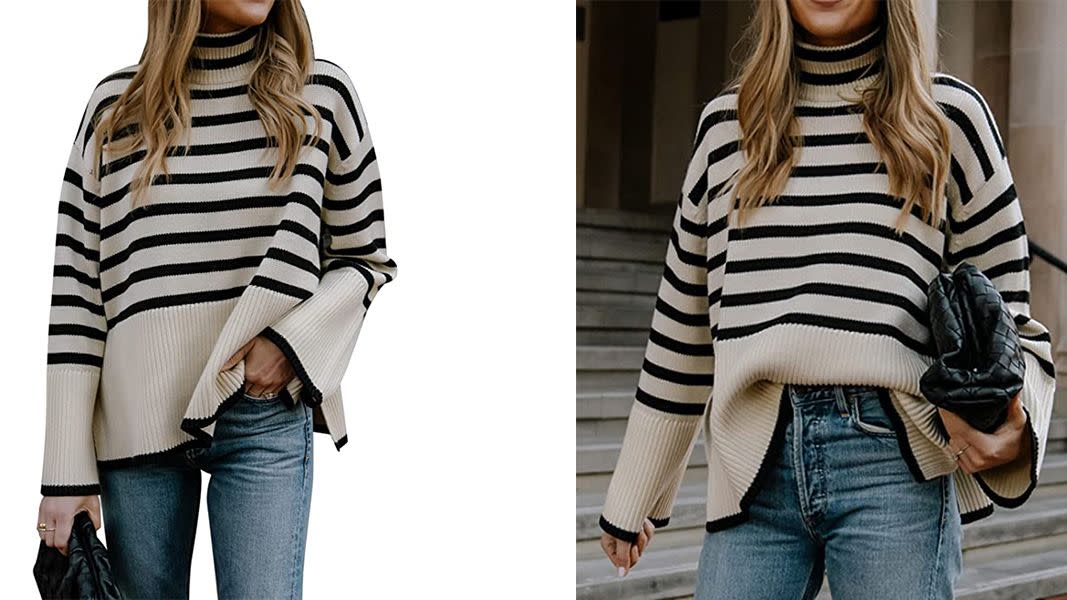 oversized horizontal striped turtleneck in white with black stripes