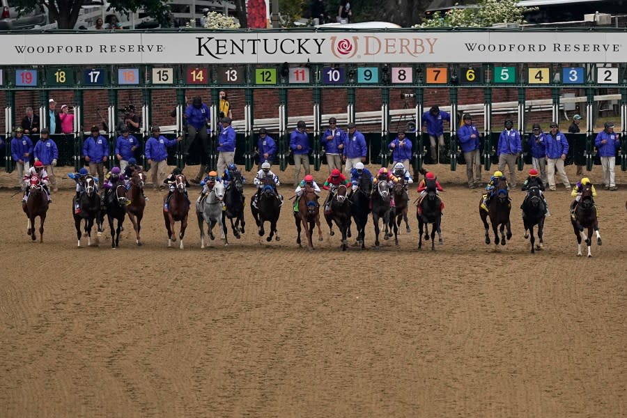 FILE – Horses leave the starting gate for the 148th running of the Kentucky Derby horse race at Churchill Downs in Louisville, Ky., Saturday, May 7, 2022. Part of what makes the Derby unique is horses have just one chance to run in it since only 3-year-olds are eligible. It’s also the only race in America with a 20-horse field. (AP Photo/Charlie Riedel)