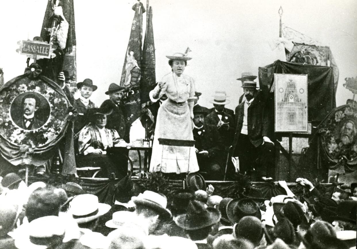 <span class="caption">Rosa Luxemburg, the Polish-born German revolutionary and co-founder of the German Communist Party, addressing a meeting in Stuttgart, Germany, in 1907. She was assassinated in January 1919.</span> <span class="attribution"><a class="link " href="https://www.gettyimages.com/detail/news-photo/rosa-luxemburg-polish-born-german-revolutionary-and-news-photo/113490528?adppopup=true" rel="nofollow noopener" target="_blank" data-ylk="slk:Universal History Archive/Getty Images;elm:context_link;itc:0;sec:content-canvas">Universal History Archive/Getty Images</a></span>