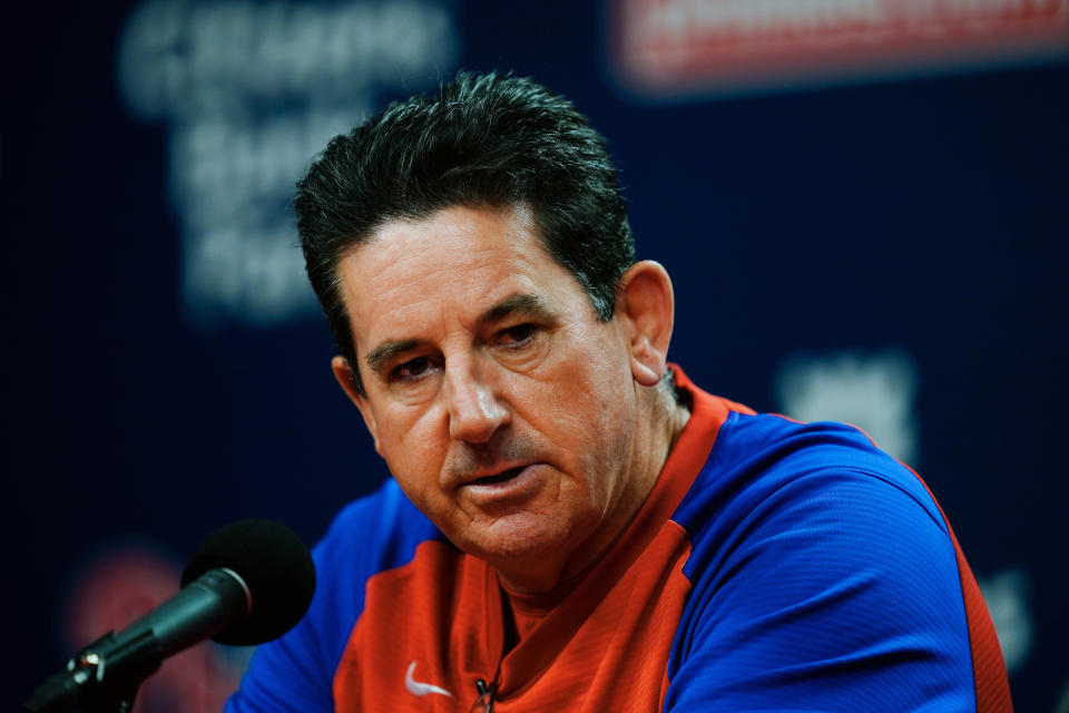 Philadelphia Phillies interim manager Rob Thomson speaks during a news conference in Philadelphia, Friday, June 3, 2022. Joe Girardi was fired by the Phillies on Friday, after his team's terrible start, becoming the first major league manager to lose his job this season. (AP Photo/Matt Rourke)