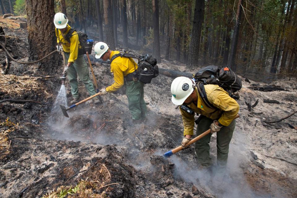 Lakeview hotshots Kyle Wyatt, left, Cash Radowick and Damien Marichal work to secure a fire line on the west flank of the Cedar Creek Fire near Oakridge.