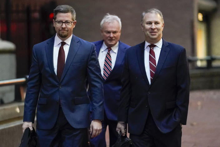 FILE - Former Ohio Republican Party Chairman Matt Borges, right, walks toward Potter Stewart U.S. Courthouse with his attorneys Todd Long, left, and Karl Schneider, center, before jury selection in his federal trial, Jan. 20, 2023, in Cincinnati, Ohio. The federal government rested its case Monday, Feb. 27, in lobbyist Borges and former Republican Ohio House Speaker Larry Householder's racketeering trial, after presenting jurors with reams of financial documents, emails, texts, wire-tap audio and firsthand accounts of what prosecutors allege was a $60 million bribery scheme to pass a $1 billion ratepayer-funded nuclear bailout. (AP Photo/Joshua A. Bickel, File)