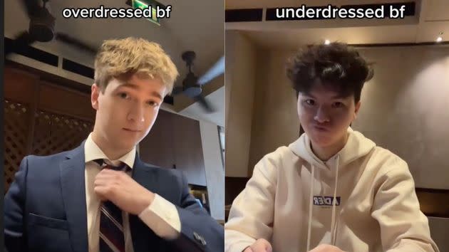 Tom Powell and his boyfriend, Christian, participated in the TikTok trend, too: “I remember one time there was a black tie event at my college, and [Christian] turned up in a t-shirt,