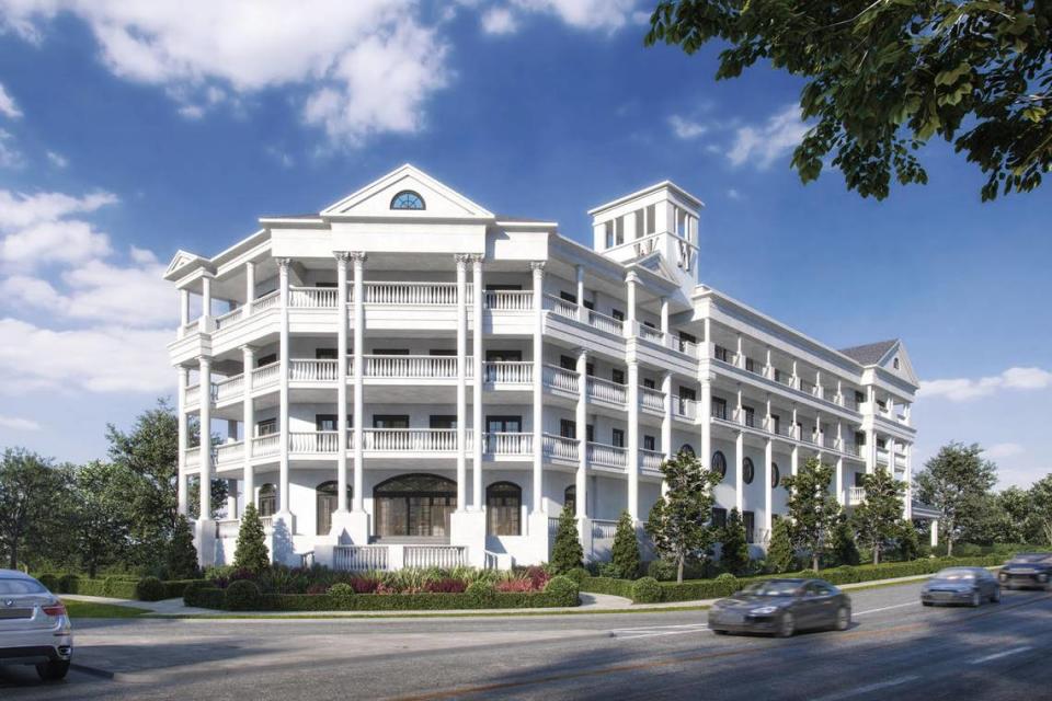 Columns and balconies stand out on the four-story White House Hotel and Events Center that will be built on the corner of U.S. 90 and White Avenue in Biloxi.