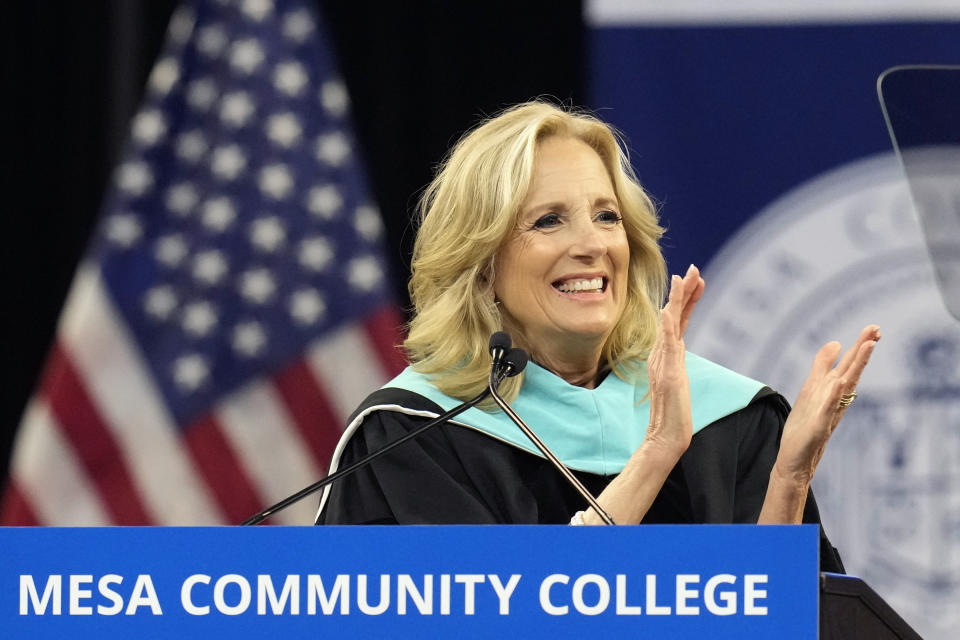 First lady Jill Biden applauds student before speaking at the Mesa Community College commencement Saturday, May 11, 2024, in Tempe, Ariz. (AP Photo/Ross D. Franklin)