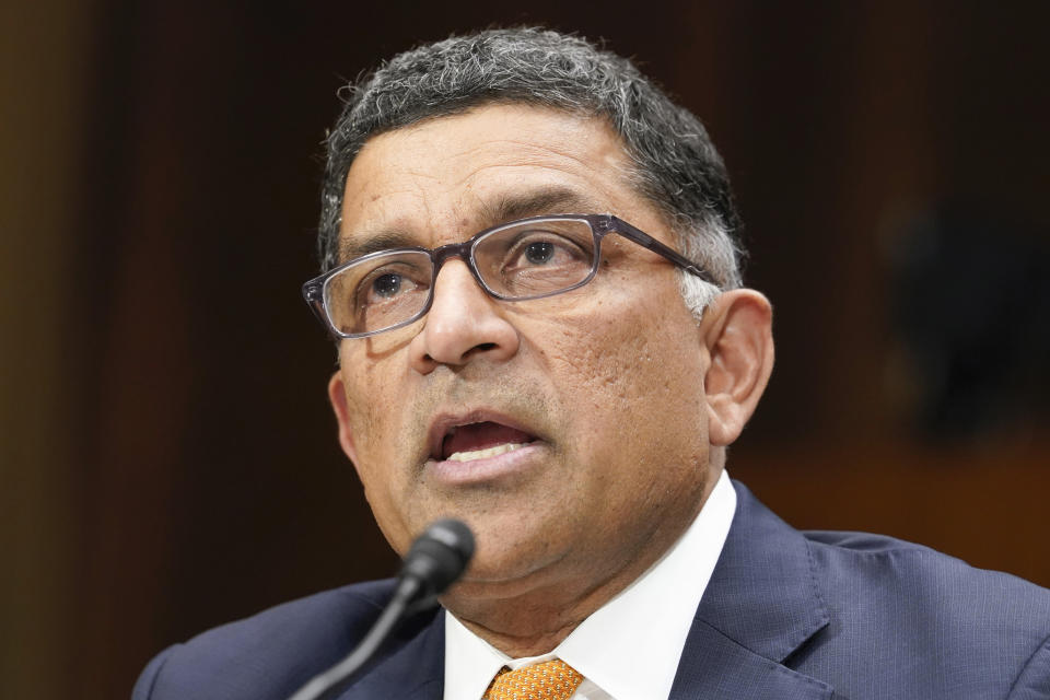 Vivek Sankaran CEO at Albertsons Companies, speaks during a Senate Judiciary Subcommittee on Competition Policy, Antitrust, and Consumer Rights hearing on the proposed Kroger-Albertsons grocery store merger, at the Capitol in Washington, Tuesday, Nov. 29, 2022. (AP Photo/Mariam Zuhaib)