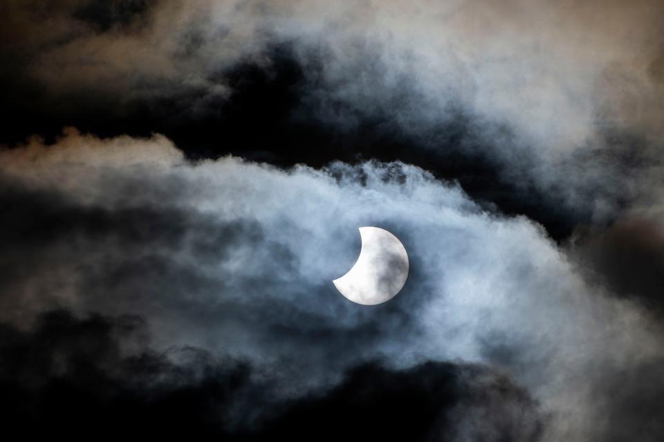 A view of partial solar eclipse in Budapest, Hungary, Tuesday, Oct. 25, 2022. 