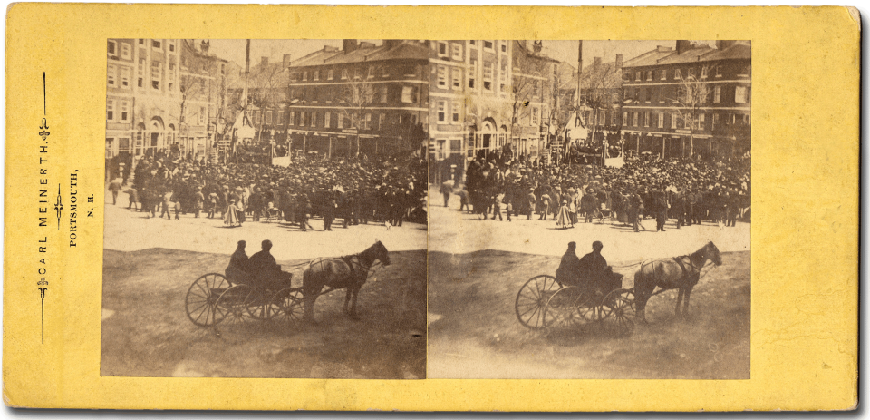 This stereograph image by Portsmouth photographer Carl Meinerth shows a crowd gathered on Market Square for a memorial service a few days after President Abraham Lincoln's assassination on April 14, 1865.