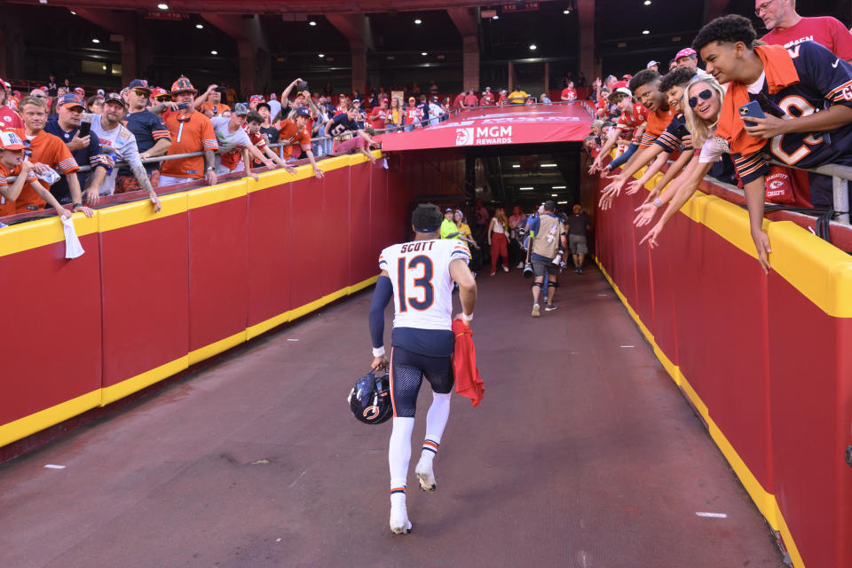 Chicago Bears wide receiver Tyler Scott leaves the field after their loss to the Kansas City Chiefs in an NFL football game, Sunday, Sept. 24, 2023 in Kansas City, Mo. (AP Photo/Reed Hoffmann) ORG XMIT: NYOTK