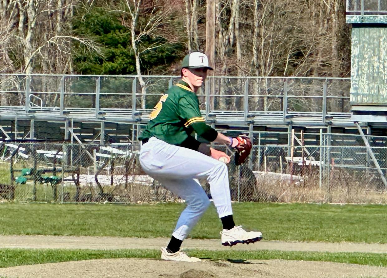 Tantasqua junior Miles Blake throws a pitch during Monday's game against Northbridge.