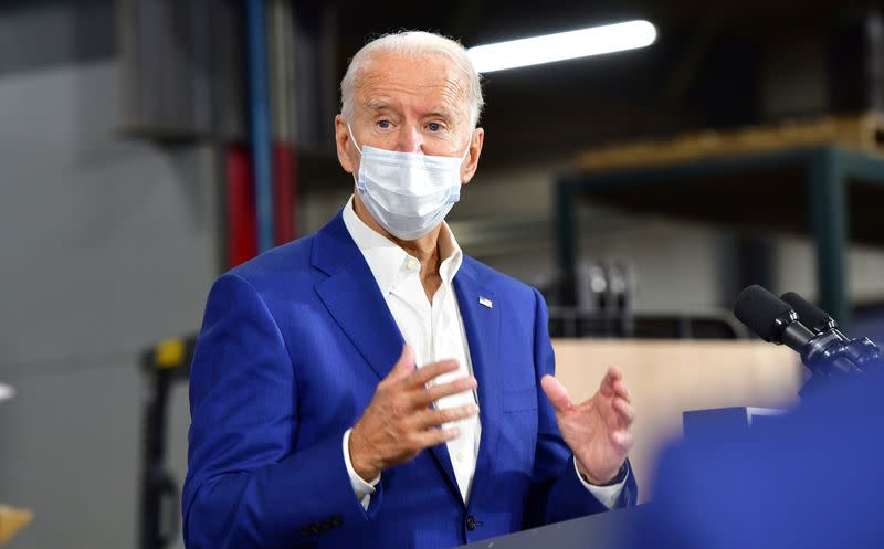 Democratic U.S. presidential nominee Joe Biden speaks at campaign event in Manitowoc, Wisconsin