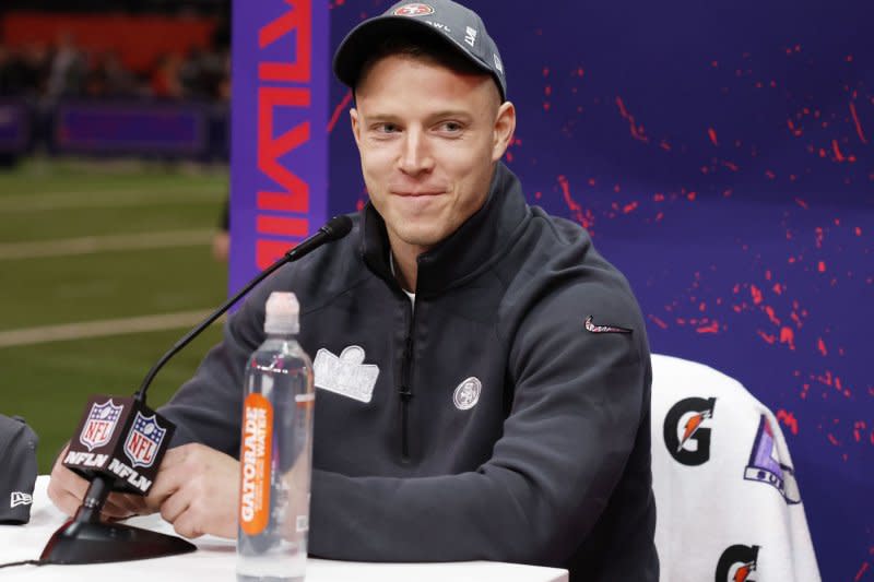 San Francisco 49ers Christian McCaffrey speaks to the media at Super Bowl LVIII Opening Night at Allegiant Stadium in Las Vegas on February 5. File Photo by John Angelillo/UPI